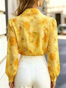 Women's Long-Sleeved Shirt With Tiny Floral Print And Pearl Necklace Detail, Romantic Casual Shirt Suitable For The Office, Vacation, Home, Dates And Festive Occasions, Spring/Summer/Autumn, Long-Sleeved Blouse With Tiny Floral Print - 黃色 - 查看 2