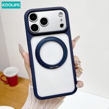 Koolife 1pc Navy Blue Magnetic Phone Case, PC+TPU Anti-Yellowing Protective Case, 360° Rotatable Ring Holder, Compatible With MagSafe, Matte Frame Transparent Backplate, Suitable For Apple 17/17 Pro/17 Pro Max - Blue - View 3