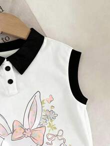 Kemeja Polo Tanpa Lengan Motif Kelinci Lucu dan Bunga Kecil untuk Remaja Putri, Nyaman untuk Musim Semi/Panas. - Hitam - View 4