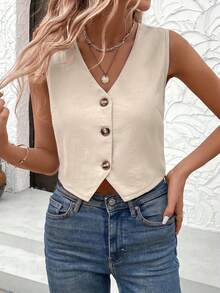 1pc Solid Color Casual Button-Up Vest, Suitable For Spring And Summer - Apricot - View 3