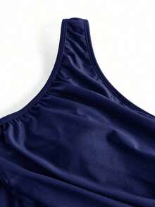 Traje de baño de una pieza para mujer para playa piscina vacaciones semana santa brunch y salidas a la playa, diseño de hombro único con drapeado y tul transparente que resalta la silueta color marrón sólido tela elástica de secado rápido apto para verano y temporadas cálidas - Azul marino - Ver 7