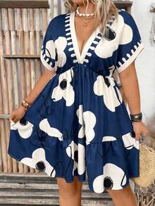 Vestido casual de unicolor con cuello en V profundo y mangas tipo murciélago para mujer de talla grande - Azul marino - Ver 1