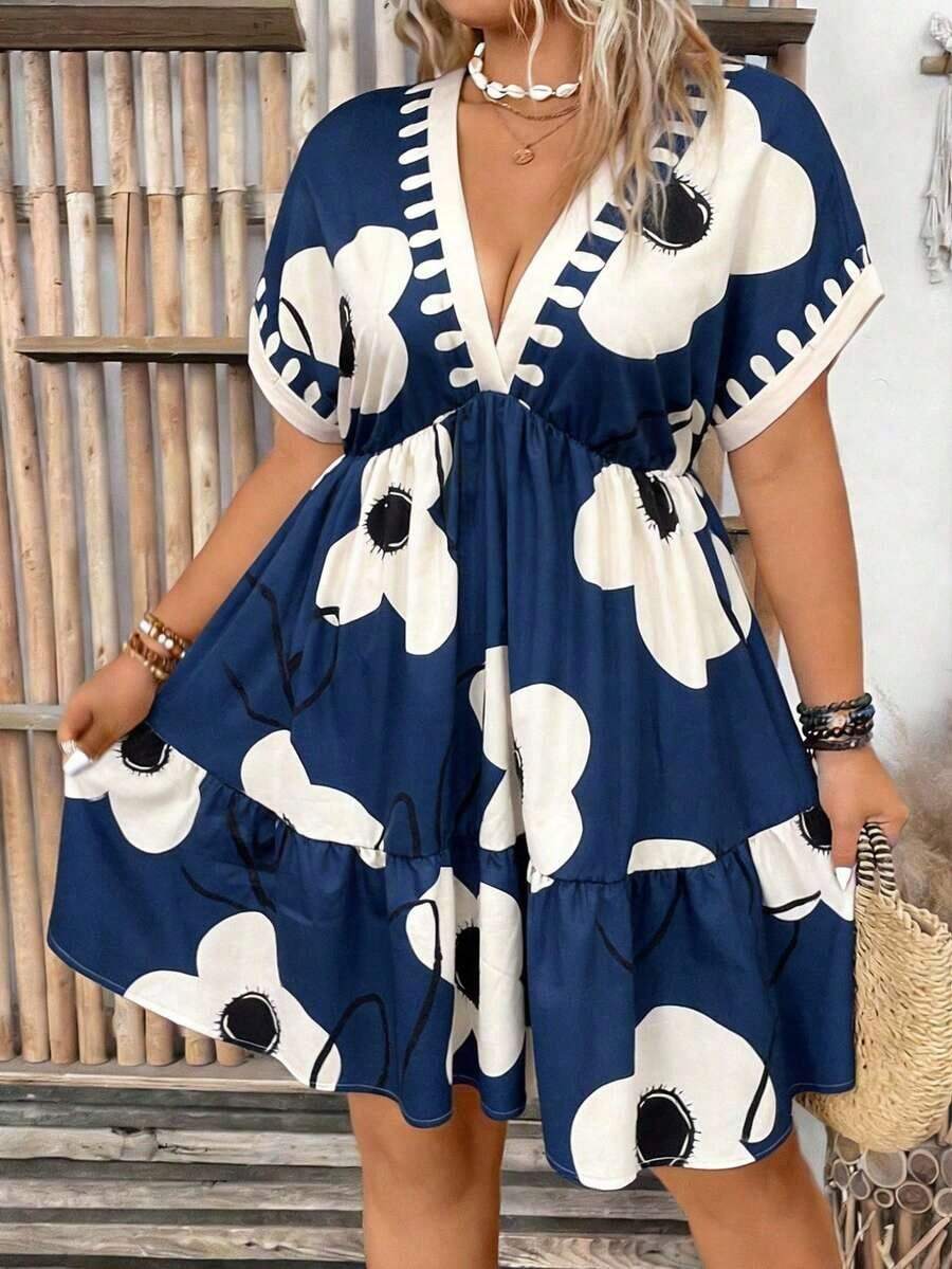Vestido casual de unicolor con cuello en V profundo y mangas tipo murciélago para mujer de talla grande - Azul marino - Ver 1