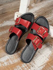 2026 New Summer Fashion Buckle Open Toe Flat Beach Sandals, Suitable For Beach Vacation, Home Leisure, Shopping, Retro Style Minimalist Sandals - Red - View 6