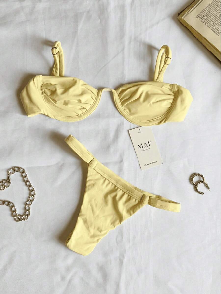 Underwire Bikini With Half-Cup Bra And Thong Bottom With Adjustable Strap. - Butter Yellow (rim) - View 1