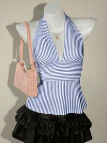 ICON Top halter de estampado de rayas azul y blanco, elegante y versátil, adecuado para primavera/verano, cómodo para vacaciones de verano y playa para mujeres - Multicolor 2 - Ver 4