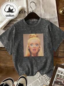 Cute Doll Face Print Women Short Sleeve Vintage Casual Daily Washed Cotton T-Shirt | Retro Style, Round Neck, Plus Size Women Summer Clothing Black - Black - View 4