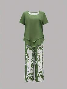 2026 New Women's Casual Solid Color Short-Sleeve Top + Plant Print Shorts, First Choice Casual Sports And Beach Wear, Loose And Comfortable, Suitable Travel Outfits - 淺綠色 - 查看 3