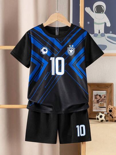 Boys & Kids Summer New Sports Set, Contrast Stripe Design, Size 10, Football Pattern Round Neck Short Sleeve T-Shirt + Shorts, Suitable For Outdoor, Sports, Football, Basketball, Training, Back To School, Warm-Up, Match