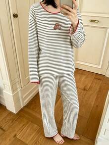 【AICJ睡衣】两件套休闲圆领条纹卡通熊印花长袖上衣和裤子家居服套装，春夏秋冬皆宜，保暖舒适，是母亲节、情人节、新年礼物的理想之选，两件套 - 米色 - 查看 3