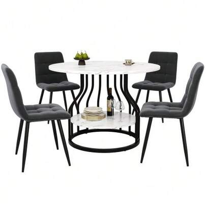 Esstisch-Set (5-Teilig), Esstisch-Set Mit 4 Stühlen, Modernes Küchen-Esstisch-Set, Runder Küchentisch Mit Durchmesser 80 Cm, Schwarze Metallbeine, MDF-Marmor-Tischplatte, Graue Samt-Esszimmerstühle