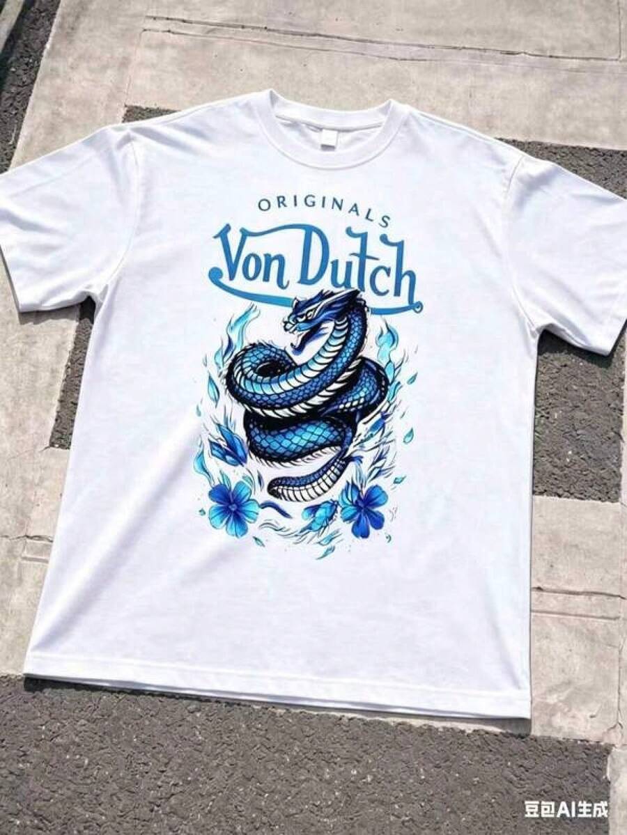Urban Sense 1PCS Men Creative Short Sleeve Print T-Shirt Blue Dragon And Flower Pattern With Vons Dutch Text Casual Wear Soft Fabric Breathable Print T-Shirt Summer Style 2026Father's Day Gift, Valentine's Day Gift VZYE - 白色 - 查看 1