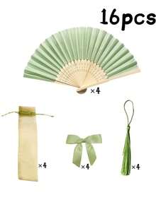 16件套（4把扇子+4个扇袋+4个蝴蝶结+4个流苏）绿色婚礼礼品扇套装，女士丝绸手扇，绿色蝴蝶结，流苏，礼品袋，DIY装饰礼品，婚礼派对装饰。适合作为新娘礼物、送礼、婚礼派对礼物、生日派对礼物、派对回礼套装 - 套裝 - 查看 2