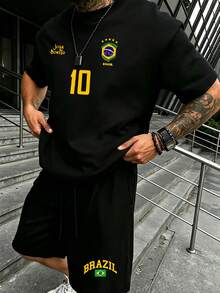 Bộ áo thun nam in hình, áo đấu bóng đá Brazil phong cách retro - Số 10 huyền thoại, trang phục thường ngày dành cho người hâm mộ bóng đá, áo đấu bóng đá. - màu đen - Xem 1