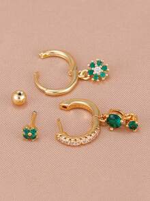 3PCS 18K Gold Plated Stainless Steel Green Crystal Drop Earrings Set For Women Geometric Round Flower Pendant Earring Cartilage Piercing Jewelry - 1-gold-3pcs - View 3