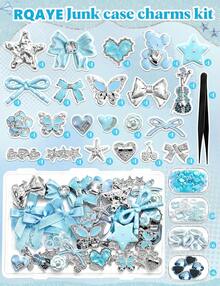 Junk Case Charms, DIY Phone Case Decor Kit With Cute Bows, Flatback Pearls, Letter Beads & Aesthetic Big Decor For Personalization - Sweet Blue - View 1