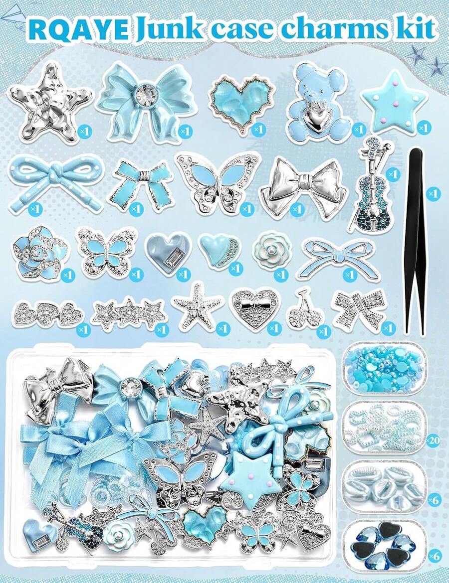 Junk Case Charms, DIY Phone Case Decor Kit With Cute Bows, Flatback Pearls, Letter Beads & Aesthetic Big Decor For Personalization - Sweet Blue - View 1