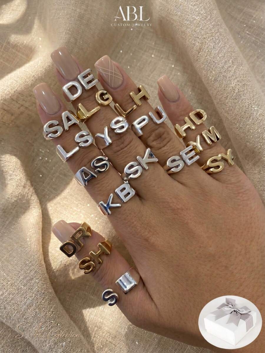 Anillo personalizado chapado en oro de 18K de acero inoxidable, anillo con nombre en estilo gótico, anillo con números en inglés antiguo, regalo encantador de Año Nuevo, joyería para damas - Multicolor - Ver 1