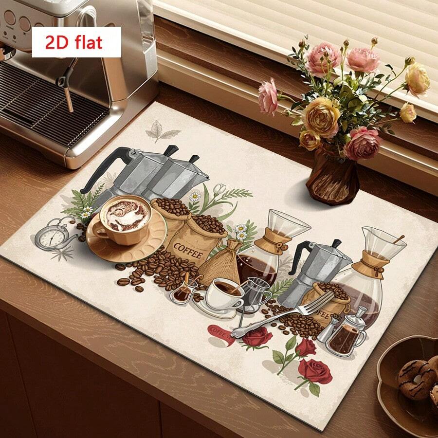 1pc Dish Drying Mat, Coffee Machine Mat, Coffee Bean Burlap Bag & Coffee Pot Pattern Absorbent Pad, Classic Retro Style, Suitable For Dining Table And Cafe, Multi-Purpose Drainage Mat, Home Gift, Desktop Decor - XYLSD-252 - View 1