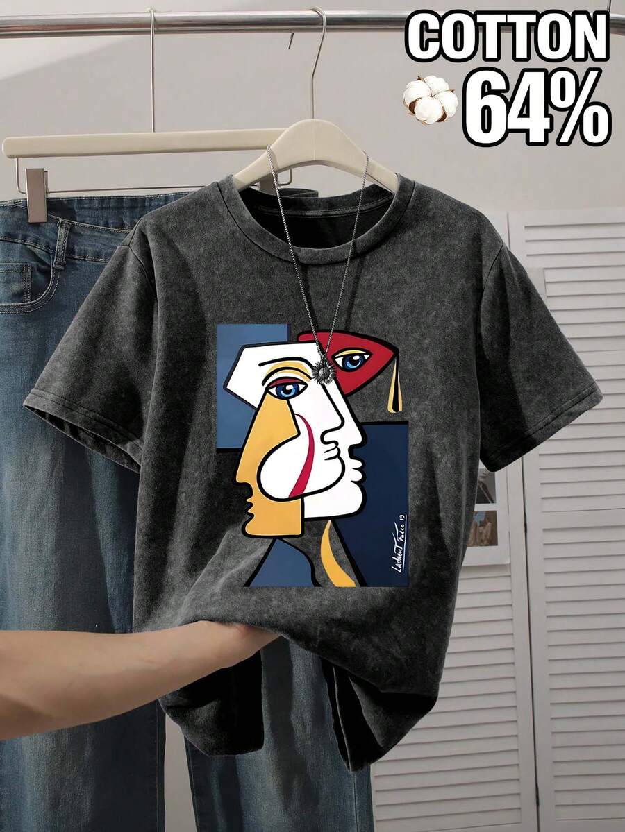 大尺碼女款休閒上衣,簡約日常百搭酸洗圓領T恤,藝術塗鴉印花,時尚夏季款 - 黑色 - 查看 1