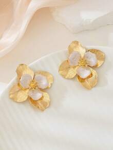 1 Pair Elegant Delicate Metal Enamel Double-Layer Floral Earrings, Suitable For Beach, Vacation, Daily Wear, Gifts - White - View 3