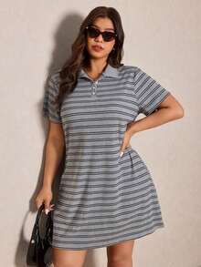 Elaquor Vestido casual holgado de manga corta raglán con media cartera a rayas para tallas grandes - Gris - Ver 7