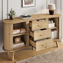 Pea-Shaped Sideboard With Fluted Design, Two Sliding Doors + Three Drawers, Height-Adjustable Compartments, Solid Wood Legs, Wood Look, MDF Material, Modern Scandinavian Style. - Khaki - View 6