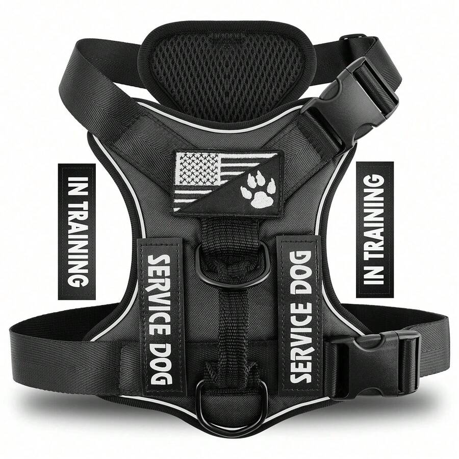 Harness, Reflective Dog Vest Harness With 5 PCS Patches, Adjustable Soft Oxford Pet Harness, Inner Layer Mesh, Easy To Control For Dogs - 黑色 - 查看 1