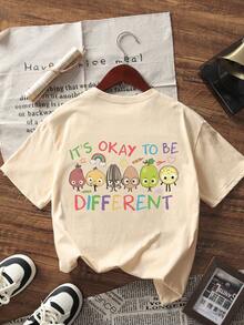 [Back To School] 1pc Tween Girl Printed Short Sleeve T-Shirt, Student Youth Apparel, Summer Top For Kids - Apricot - View 4