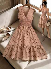 Vestido casual de verano de talla grande para mujer con estampado de lunares y fruncido en los hombros - Rosa vieja - Ver 5