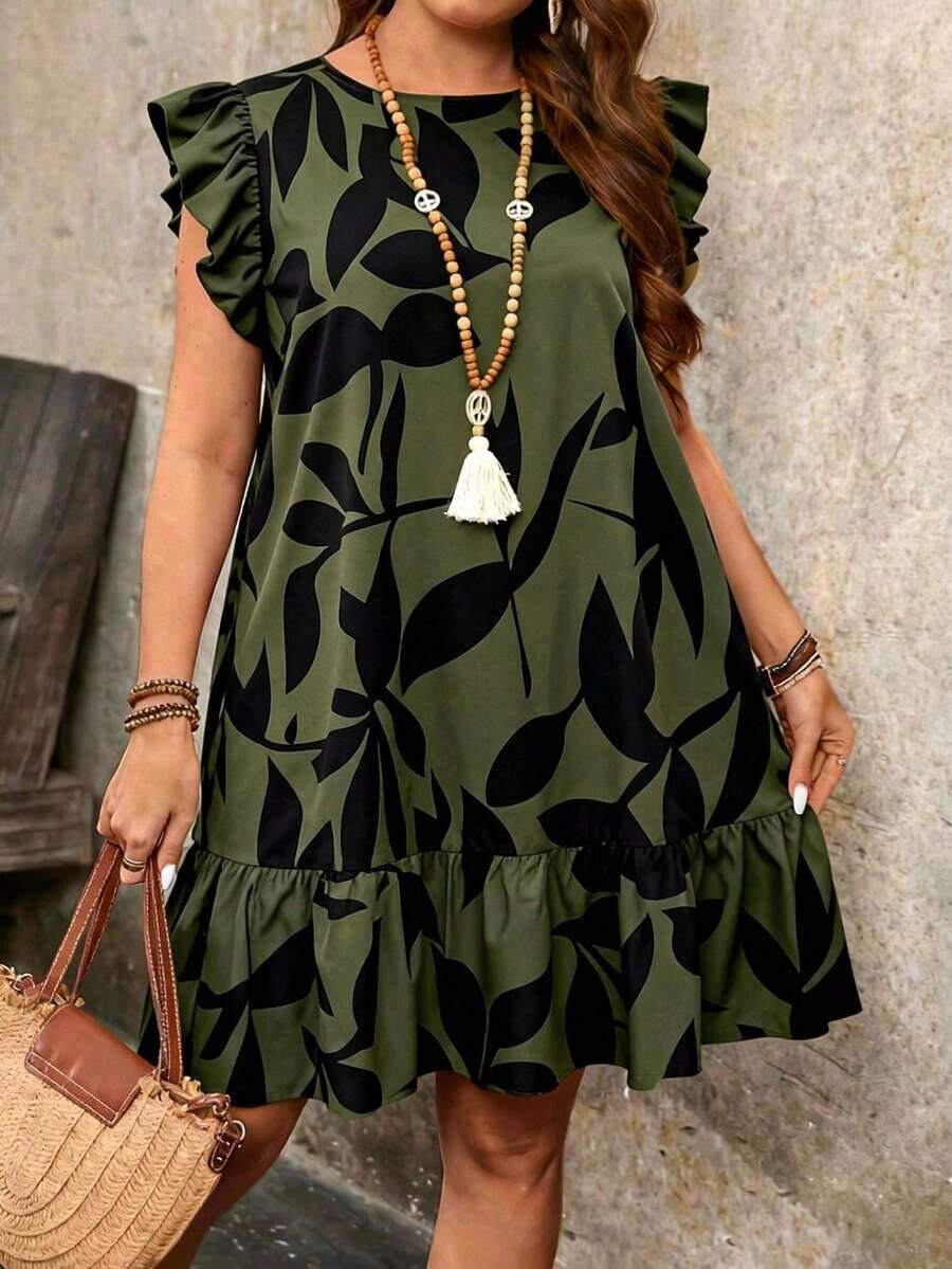 Vestido smock con cuello redondo, mangas cortas, volantes y estampado tropical de plantas para mujer talla grande, vestido casual de vacaciones, vestido bohemio, vestido de Pascua, conjunto de verano para mujer - Verde militar - Ver 1