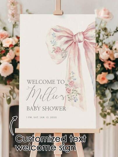 Biển chào mừng tiệc theo yêu cầu - Biển chào mừng chủ đề "Hoa cho bé" với nơ hồng: Một tấm áp phích phong cách ngọt ngào dành cho các bữa tiệc chào mừng bé, sinh nhật, đám cưới, kỷ niệm, lễ rửa tội và các sự kiện đặc biệt. Hoàn hảo để trang trí tiệc.