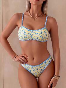 Bộ bikini quây 2 mảnh màu hồng in hoa dành cho nữ, dây đeo có thể tháo rời, thích hợp cho kỳ nghỉ trên đảo và chụp ảnh trên bãi biển. - Nhiều màu - Xem 3