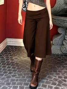Fold Over Wide Leg Capri Pants For Women Low Rise Lounge Yoga Flare Culottes Y2k Flowy Crop Palazzo Pants - 棕色 - 查看 4