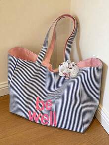 Large Capacity Double-Sided Usable Fabric Tote Bag, Multiple Floral Pendant Options, One Side With Blue & White Vertical Striped Texture For Refreshing Look, Other Side In Solid Pink For Clean & Gentle Vibe, Suitable For Students, Commuting, Daily Shopping, Short Trips & Vacations - Multicolor - View 19