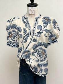 Women's Vintage Floral Print Blouse With Notched Neck And Bishop Short Sleeves, Casual Polyester Top - Màu xanh bụi bặm - Xem 4