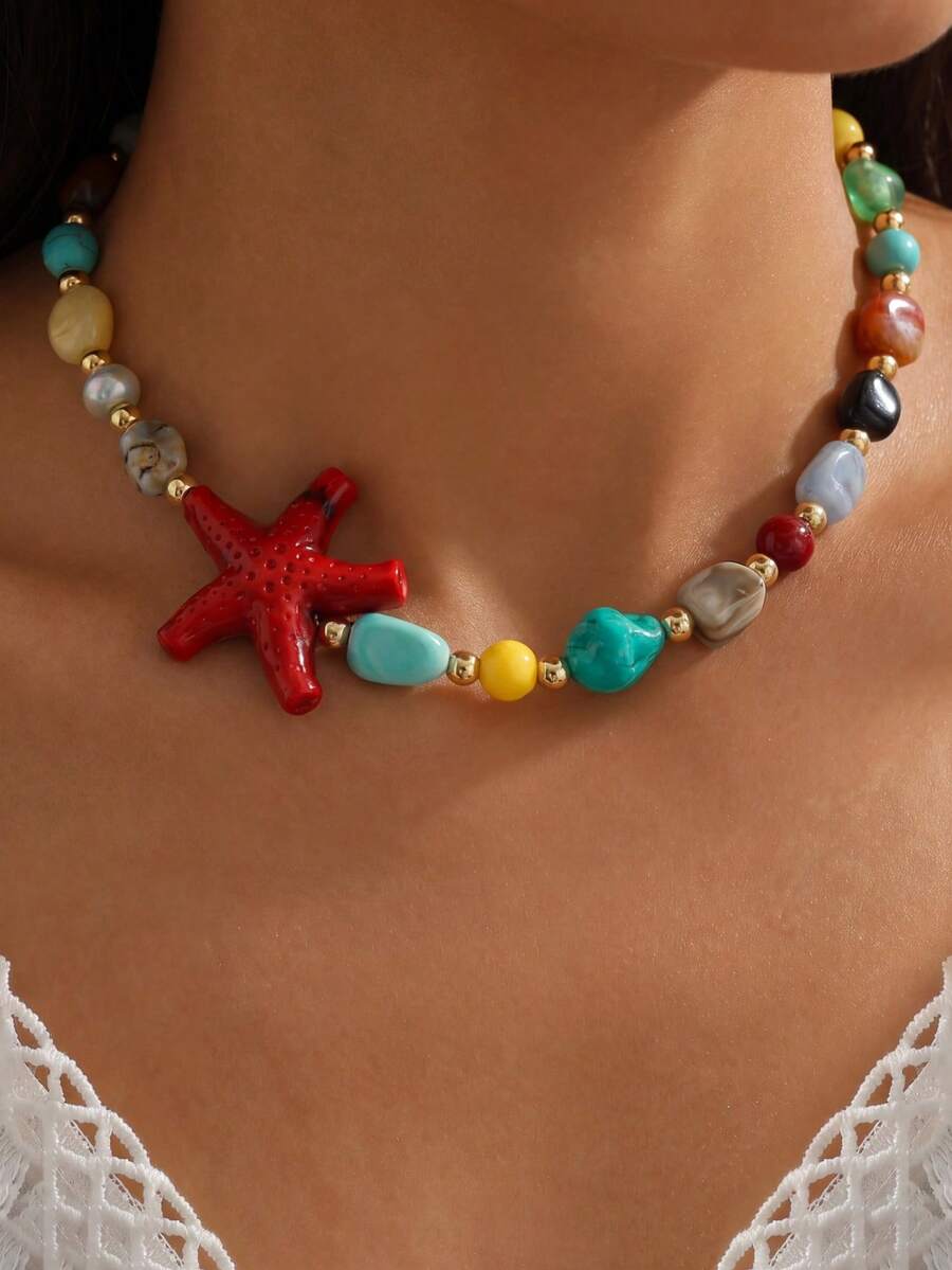 1 chiếc vòng cổ hình sao biển và vỏ sò phong cách Bohemian dành cho nữ (Màu phụ kiện ngẫu nhiên) - Nhiều màu-A - Xem 1