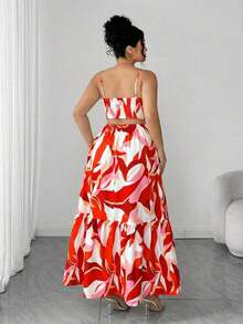 Vestido maxi de mujer talla grande con bloque de color naranja, estampado, hombros fruncidos, bajo con empalme floral, favorecedora, romántica, adecuada para vacaciones, playa, citas, salidas, verano, elegante, cómoda, apropiada para vacaciones, boda, fiesta, graduación, San Valentín, festival de música, Día de la Madre, Halloween, Acción de Gracias, Pascua, Día Nacional, baile de graduación, fiesta de citas, temporada de bodas, actividades al aire libre - Rojo violeta - Ver 6