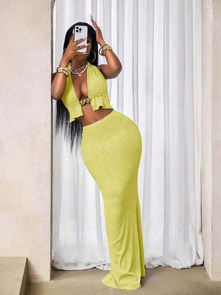 Conjunto de top halter metálico calado y minifalda para mujer - Amarillo - Ver 1