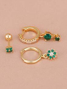 3PCS 18K Gold Plated Stainless Steel Green Crystal Drop Earrings Set For Women Geometric Round Flower Pendant Earring Cartilage Piercing Jewelry - 1-gold-3pcs - View 4