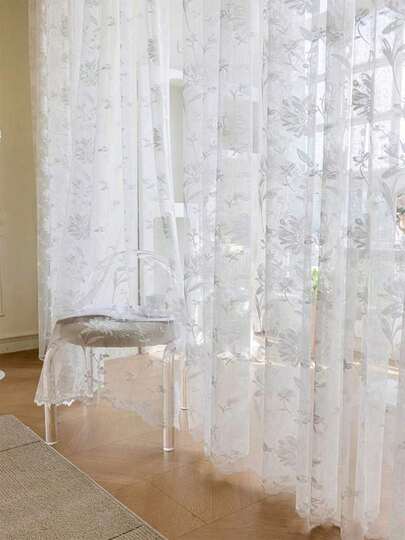 1pc Elegant White Floral Striped Curtain, Rod Pocket Design, Suitable For Living Room, Balcony, Bedroom, Hotel, Kids Room, Office Window Decor