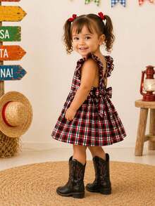 Children's June Festival Dress, Red, Black, And White Checkered Pattern With Back Bow, Sizes 2, 4, And 6 Years Old, Checkered Romper, Country Style, São João Junino - Họa tiết caro đỏ, trắng và đen - Xem 2