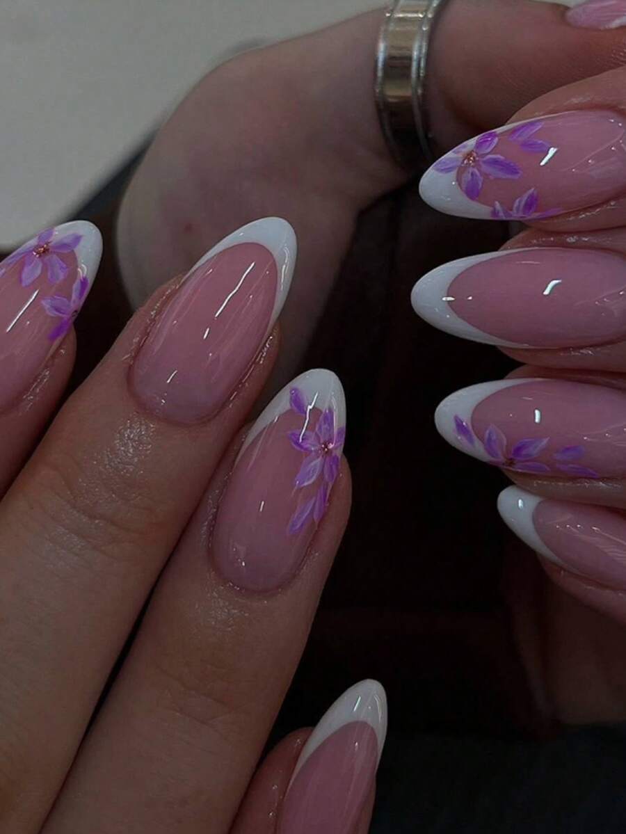 24pcs Medium Almond Shaped Floral Pattern Solid Color Rhinestone Nail Stickers, Full Coverage Design, Press-On Fake Nails, Suitable For Women & Girls Daily, Date, Office, Home, Party Occasions In Summer - Multicolor - View 1