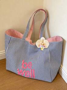 Large Capacity Double-Sided Usable Fabric Tote Bag, Multiple Floral Pendant Options, One Side With Blue & White Vertical Striped Texture For Refreshing Look, Other Side In Solid Pink For Clean & Gentle Vibe, Suitable For Students, Commuting, Daily Shopping, Short Trips & Vacations - Multicolor - View 22