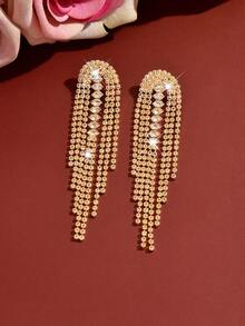 1 Pair Women's Long Tassel Dangle Earrings, Sparkling Crystal Rhinestone Earrings, Gold-Plated Exaggerated Earrings, Suitable For Brides, Bridesmaids, Galas, Formal Occasions, Valentine's Day, Birthday Wear - Gold - View 4
