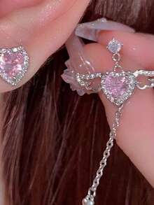 1 đôi bông tai dây chuyền hình trái tim màu hồng ngọt ngào đính đá Zirconia, thích hợp cho phụ nữ đeo hàng ngày, hẹn hò, lễ hội âm nhạc, tiệc tùng hoặc đeo nhiều lớp. - Bạc - Xem 1