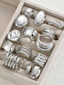 14pcs/2 Sets Fashion Minimalist Elegant Vintage Asymmetrical Geometric Thick Chunky Statement Cocktail Rings Set, Holiday Beach Party Date Everyday Wear - Bạc 3 - Xem 5