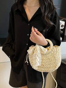 1pc Seashell & Starfish Decor Straw Bag, Detachable Chain Mini Woven Tote Handbag, Summer Beach Vacation Daily Use - Beige - View 4