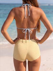 Conjunto de bikini 2026 de verano para mujer con parte superior de triángulo con copas y estampado de cuadros en color amarillo claro, calzones clásicos retro elegantes con estampado de cuadros, conjunto de 2 piezas con decoración de cuentas de colores lindos, adecuado para la playa, vacaciones, fotografía en la playa - Multicolor - Ver 6