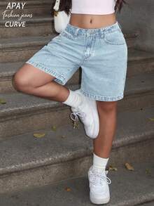 Plus Size Women's Solid Color Bermuda Denim Shorts Casual Summer - Snowflake - View 5
